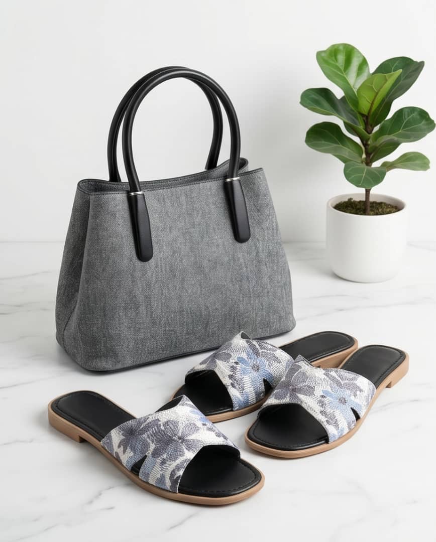 Grey Canvas Tote & Floral Slides Set