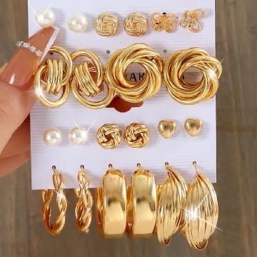 Gold Earrings & Hoop Collection Set