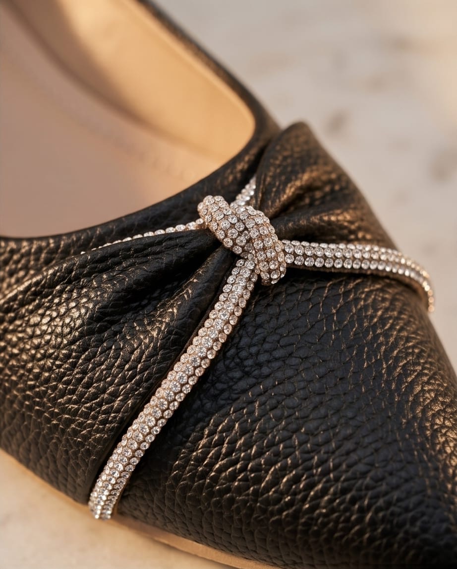 Black Crystal Bow Leather Pointed-Toe Flats