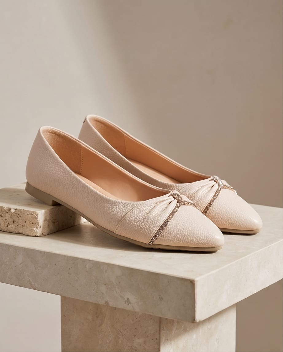 Cream Crystal Bow Flats on Marble Stand