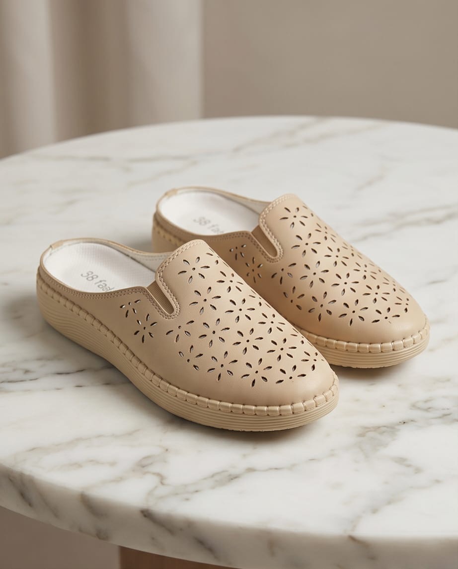 Beige Perforated Leather Comfort Mules