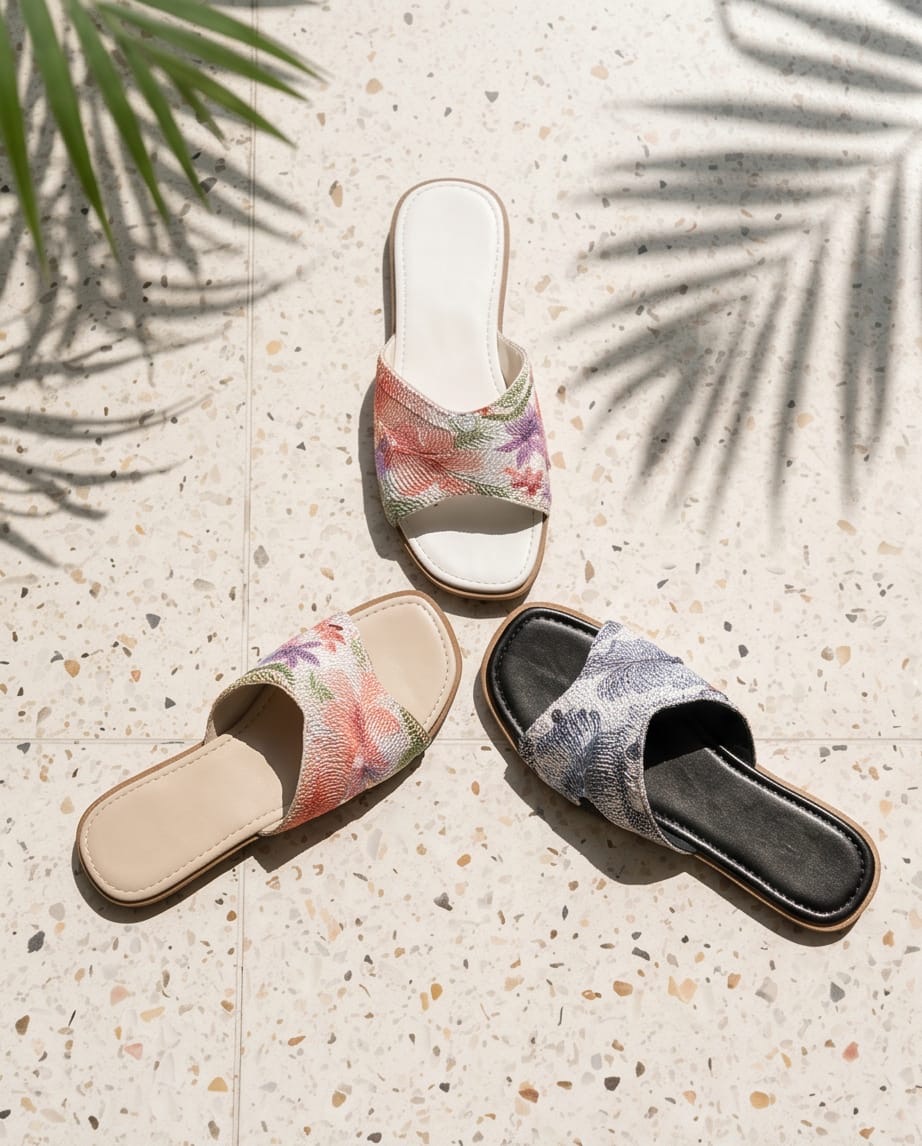 Zara Beaded Flat Slides on Display