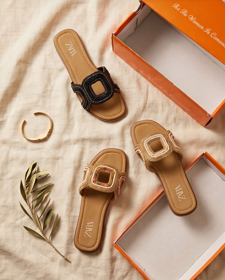 Zara Beaded Cross-Strap Flat Slides Set